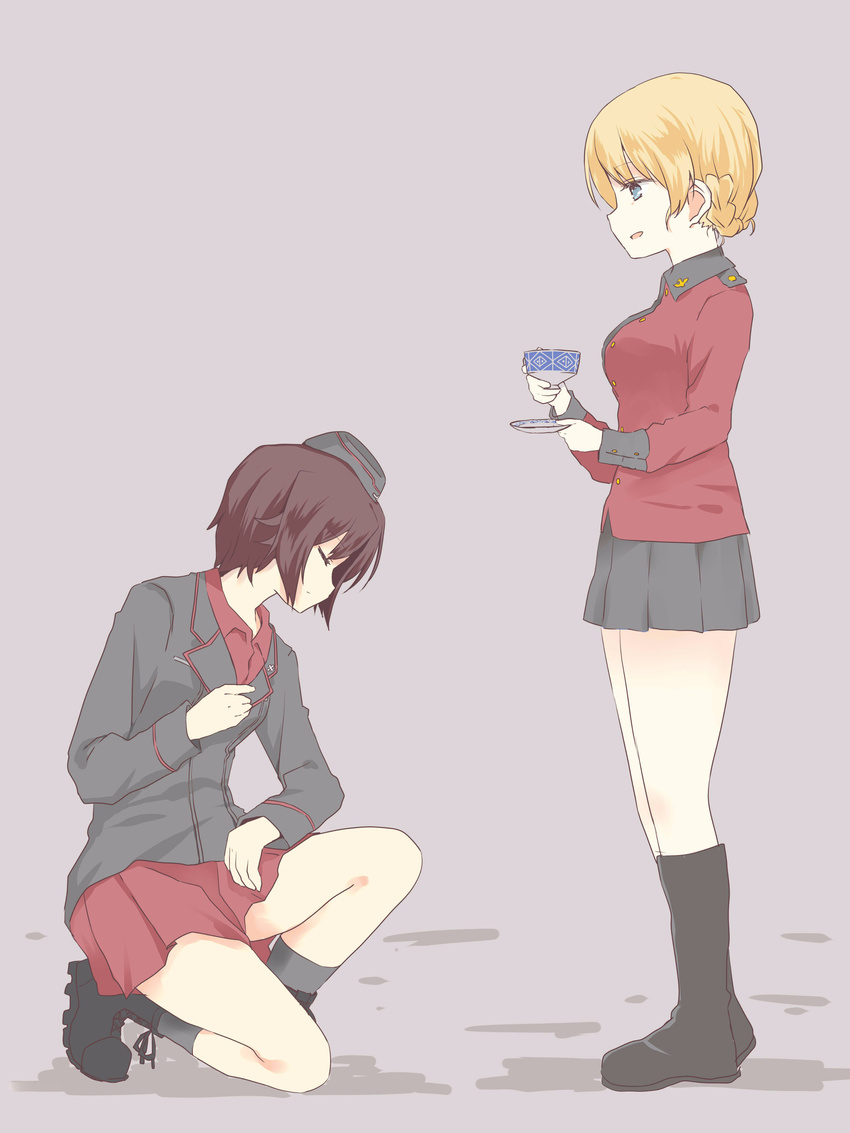 absurdres blonde_hair blue_eyes brown_hair closed_eyes commentary_request cup darjeeling garrison_cap girls_und_panzer grey_background hat highres kneeling kuromorimine_military_uniform military military_uniform multiple_girls nishizumi_maho one_knee saucer short_hair skirt smile st._gloriana's_military_uniform teacup thighs uniform zol_(rambling7)