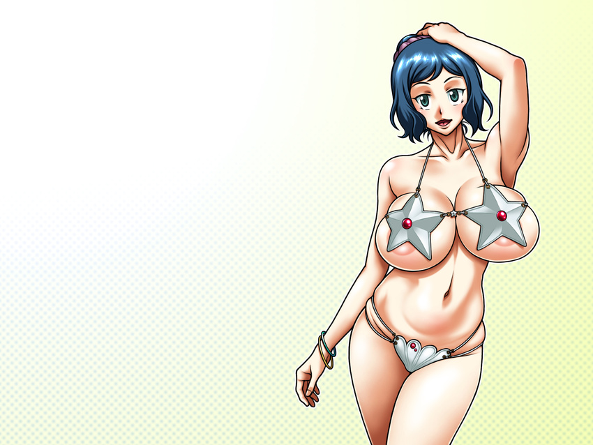 1girl absurdres areola_slip areolae bangs bare_arms bare_shoulders bikini blue_hair blush breasts cleavage collarbone cowboy_shot eyelashes fingernails garou_damenade green_eyes groin gundam gundam_build_fighters hand_up highres huge_breasts iori_rinko long_hair looking_at_viewer mature midriff milf navel ponytail smile solo standing stomach swimsuit very_long_hair