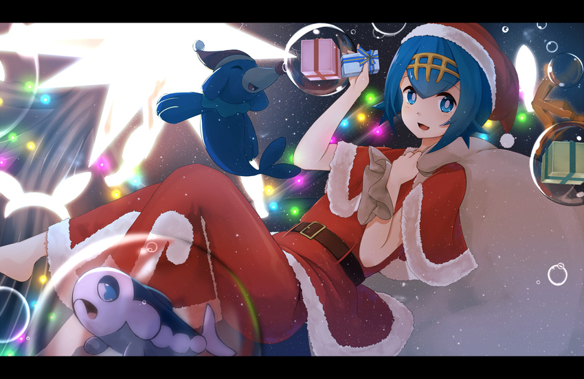 :d air_bubble alternate_costume bangs barefoot belt belt_buckle blue_eyes blue_hair blush box bright_pupils brown_belt bubble buckle capelet carrying_over_shoulder christmas christmas_lights commentary_request eyebrows_visible_through_hair fur-trimmed_capelet fur_trim gen_7_pokemon gift gift_box hairband hat holding holding_gift looking_at_viewer open_mouth pants pokemon pokemon_(creature) pokemon_(game) pokemon_sm popplio red_capelet red_hat red_pants red_shirt ryuuguu_yassuu sack santa_costume santa_hat shirt short_hair smile suiren_(pokemon) wishiwashi yellow_hairband