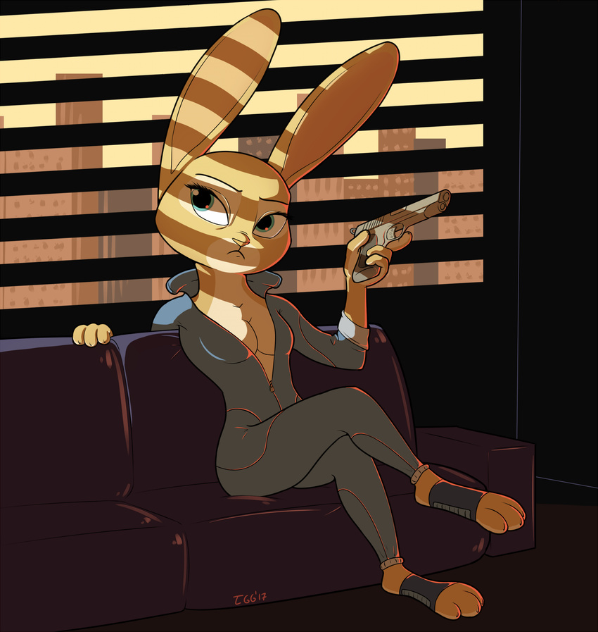2017 anthro breasts cleavage clothed clothing crossed_legs disney female gun handgun holding_object holding_weapon inside judy_hopps lagomorph looking_at_viewer mammal pistol rabbit ranged_weapon signature sitting sofa solo teal_eyes tggeko weapon window zipper zootopia