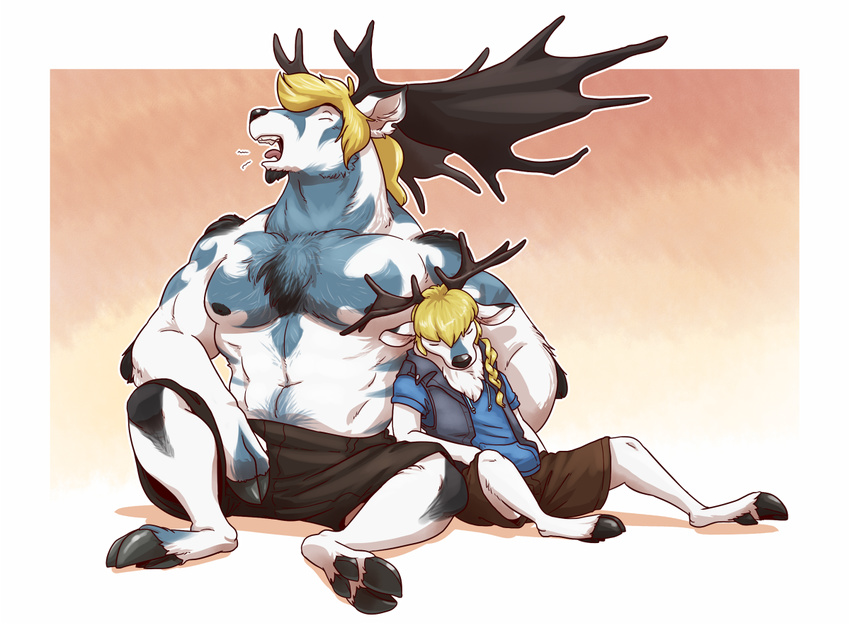 2016 alternate_species anthro antlers arm_on_leg arm_tuft belly big_muscles black_clothing black_fur black_hooves black_horn black_nipples black_nose black_stripes blonde_hair blue_clothing blue_countershading blue_fur blue_stripes body_hair border braided_hair brown_clothing cervine cheek_tuft chest_hair chest_tuft clothed clothing cloven_hooves cool_colors countershade_torso countershading deer digital_drawing_(artwork) digital_media_(artwork) digitigrade dipstick_ears duo eclipsewolf eyes_closed facial_markings front_view full-length_portrait fur gradient_background grey_clothing hair hairy hands_in_pockets happy_trail hoodie hooved_fingers hooves horn inner_ear_fluff irish_elk leaning leaning_back long_hair looking_away looking_down male mammal markings megaloceros multicolored_fur muscular navel nipples nogard_krad_nox open_hoodie open_mouth orange_background outside_border portrait reclining reverse_countershading shirt simple_background sitting size_difference sleeping spread_legs spreading square_crossover stripes tongue tongue_out topless tuft warm_colors white_background white_border white_fur yawn yellow_background