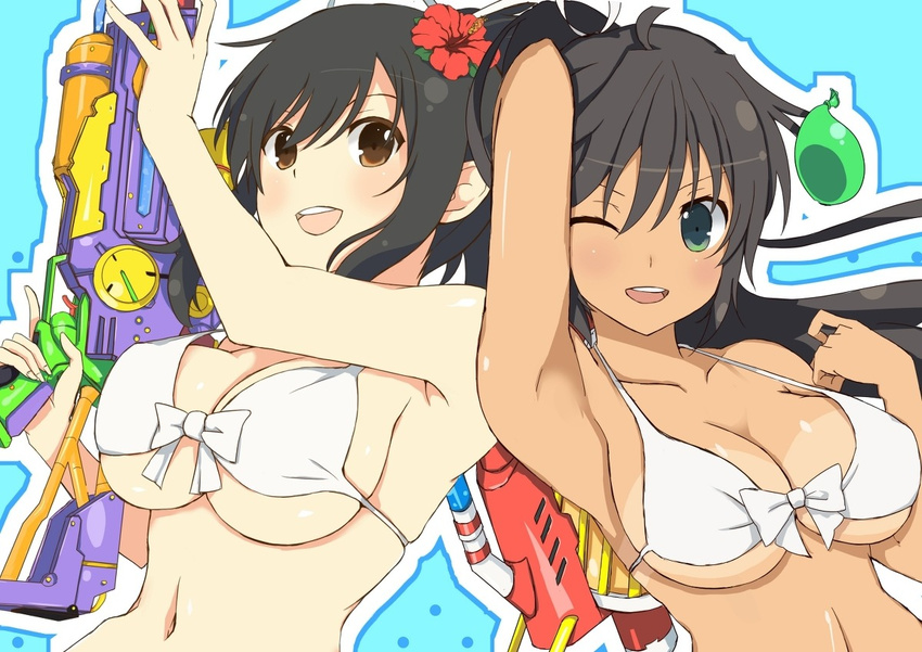 2girls asuka_(senran_kagura) bikini breasts cleavage homura_(senran_kagura) large_breasts senran_kagura swimsuit tagme white_bikini wink