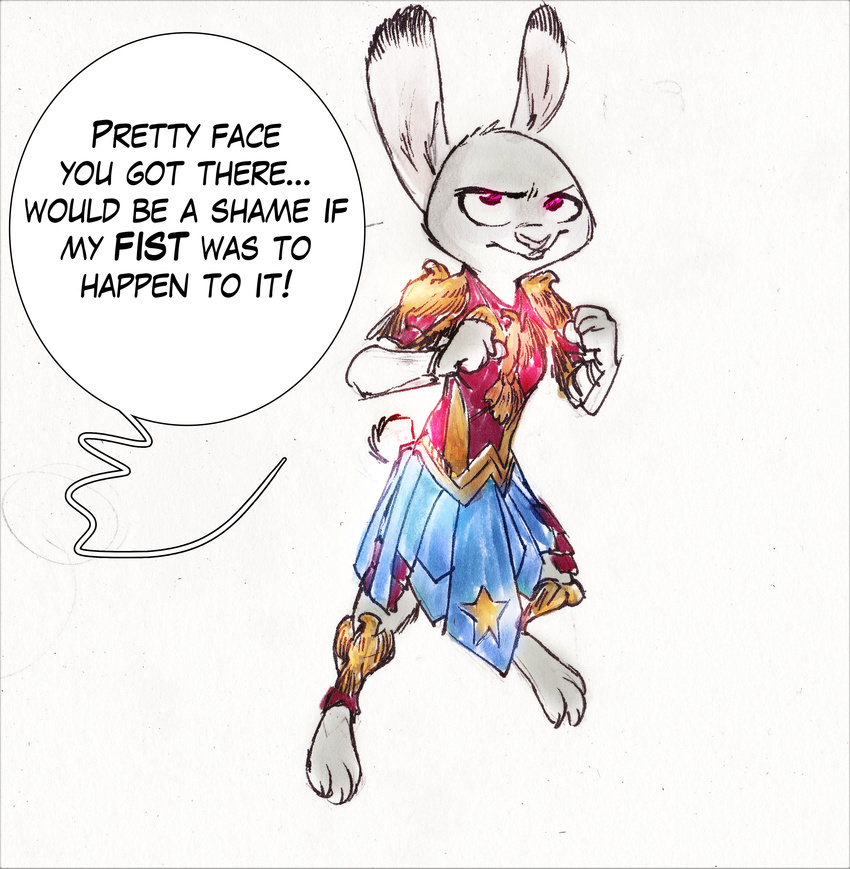 2017 anthro barefoot clothed clothing crossover dialogue disney english_text female judy_hopps lagomorph mammal monoflax rabbit simple_background solo text white_background wonder_woman zootopia