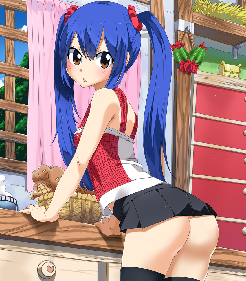 absurdres arm_support ass black_legwear black_skirt blue_hair blush bread brown_eyes cowboy_shot day fairy_tail food from_behind hair_between_eyes hair_ornament hair_scrunchie highres huge_filesize indoors leaning_forward long_hair looking_at_viewer microskirt open_mouth planeptune pleated_skirt red_shirt scrunchie shiny shiny_skin shirt skirt sleeveless solo standing steam thighhighs twintails very_long_hair wendy_marvell window