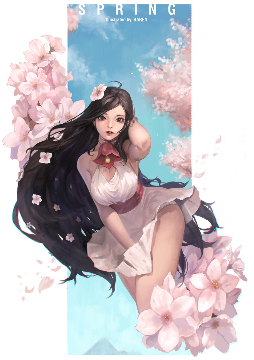 ahoge black_eyes black_hair blue_sky breasts commentary cowboy_shot dress dress_tug flower hair_flower hair_ornament hair_tousle hand_in_hair highres kim_han_seul large_breasts leaning_forward light_smile lips long_hair looking_at_viewer nose original outdoors parted_lips petals pink_flower red_lips simple_background sky sleeveless sleeveless_dress solo striped striped_background vertical-striped_background vertical_stripes very_long_hair white_background white_dress