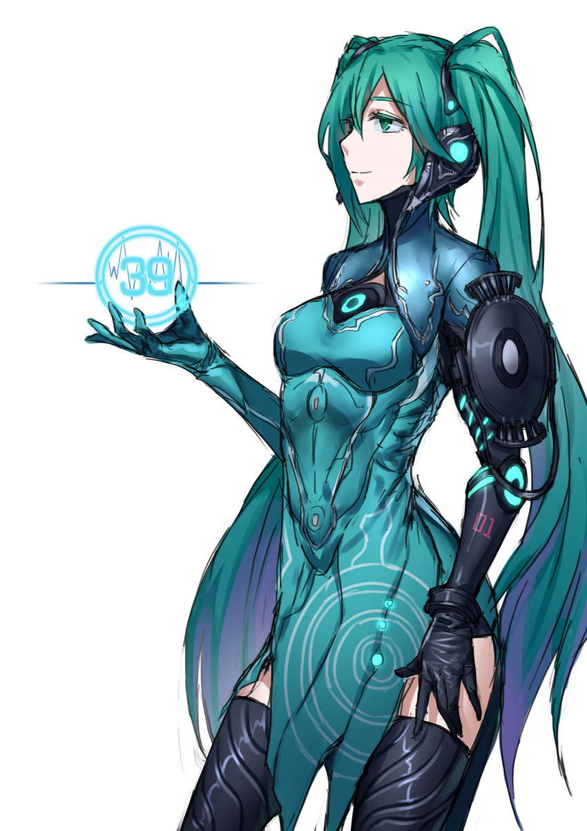 absurdres alternate_costume aqua aqua_eyes aqua_hair arm_at_side bangs banshee_(warframe) black_gloves black_legwear bodysuit breasts closed_mouth cowboy_shot eyebrows_visible_through_hair from_side gloves hair_between_eyes hand_up hatsune_miku headphones highres long_hair looking_away multicolored_hair number purple_hair sakimeikun-daze side_slit simple_background sketch small_breasts smile solo standing thighhighs twintails very_long_hair vocaloid warframe white_background