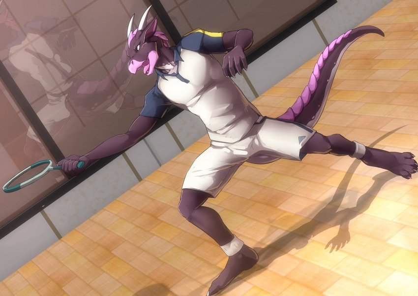 2017 4_toes 5_fingers badminton barefoot clothing court dov_leidang dragon multicolored_scales pink_scales playing_sport polo_shirt purple_scales racket reflection scales shirt shorts toes twinkle-sez white_bottomwear white_topwear