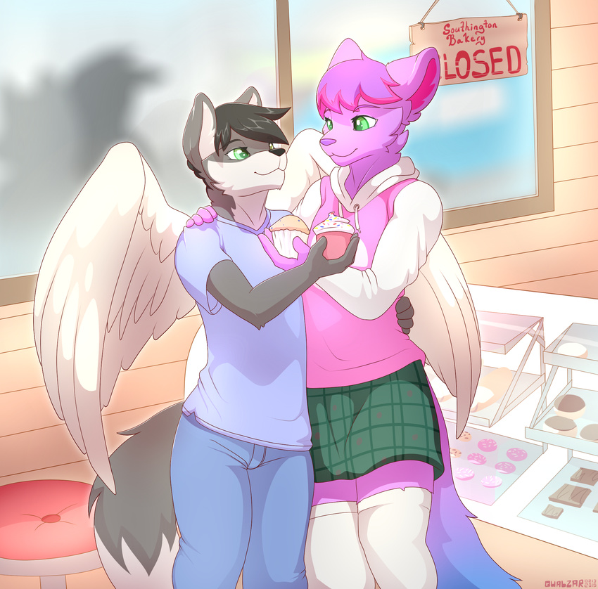 2015 anthro apollo_hale canine clothed clothing duo hug maff_(character) mammal qualzar standing wings wolf