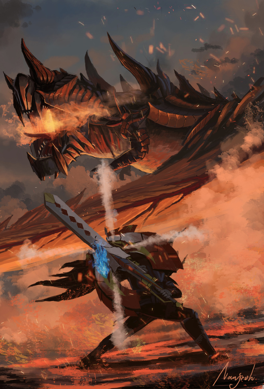 ambiguous_gender armor artist_name breathing_fire cape charge_blade claws dinosaur_tail energy fighting_stance fire full_armor glavenus glowing glowing_mouth highres holding holding_shield holding_sword holding_weapon molten_rock monster_hunter monster_hunter_x n_(nangroh) outdoors red sharp_teeth shield signature smoke sparks spikes standing steam sword tail teeth weapon