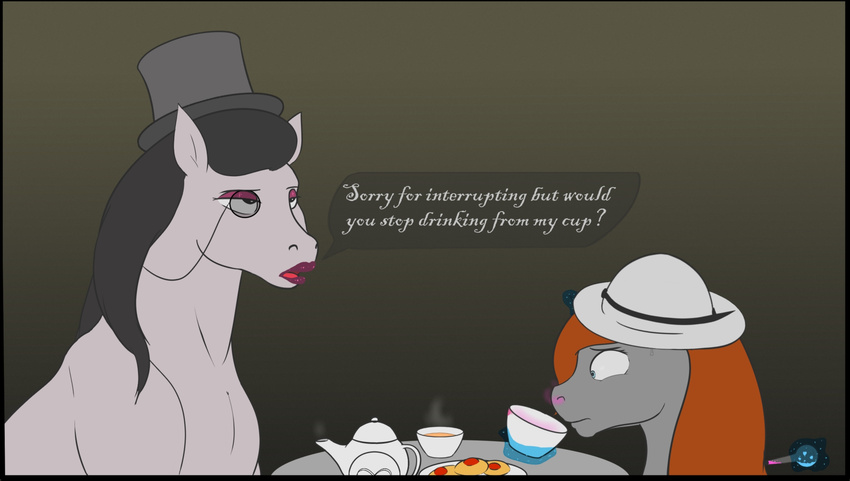 &lt;3 accident beverage comic cookie cup duo equine eyewear fail fan_character food hat helly horse kettle lipstick makeup mammal monocle my_little_pony plate pony potion shakes_heartwood speech_bubble stoopedhooy table tea tea_party terribly_british top_hat wide_eyed