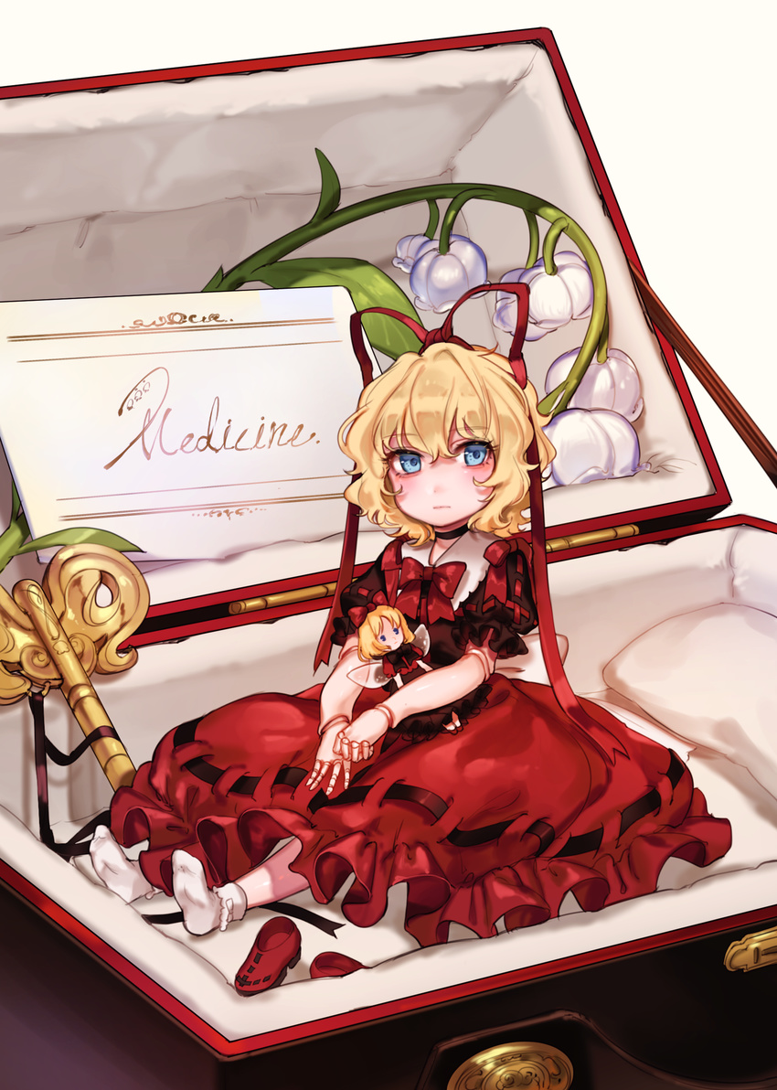 absurdres blonde_hair blue_eyes bow bowtie box character_name choker closed_mouth doll_joints dress expressionless flower full_body hair_ribbon highres key lily_of_the_valley looking_at_viewer medicine_melancholy pillow puffy_short_sleeves puffy_sleeves red_bow red_dress red_footwear red_neckwear red_ribbon ribbon ribbon-trimmed_dress shan shoes shoes_removed short_sleeves sitting socks solo su-san touhou white_legwear winding_key