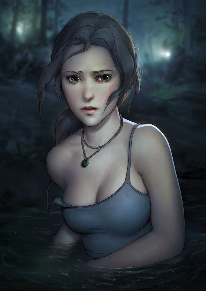 absurdres breasts brown_eyes brown_hair cleavage flashlight fleeing highres huge_filesize jeff_macanoli jewelry lara_croft lips long_hair low_ponytail medium_breasts necklace no_bra nose pendant ponytail solo spaghetti_strap strap_slip tank_top tomb_raider tomb_raider_(reboot) upper_body wading