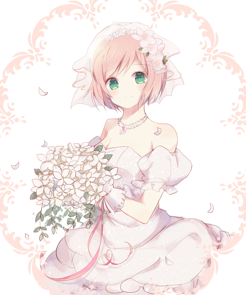 1girl absurdres bare_shoulders bouquet bride cowboy_shot dress estellise_sidos_heurassein flower gloves green_eyes hair_flower hair_ornament highres jewelry looking_at_viewer necklace petals pink_hair short_hair smile solo strapless strapless_dress tales_of_(series) tales_of_vesperia veil wedding_dress white_background white_dress white_gloves