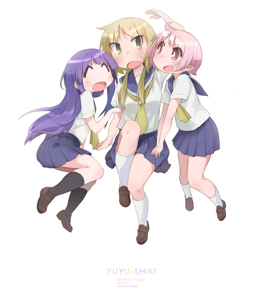 :d ^_^ ahoge bad_id bad_pixiv_id black_legwear blonde_hair blue_sailor_collar blue_skirt blush character_name closed_eyes copyright_name eyebrows_visible_through_hair facing_another girl_sandwich highres hinata_yukari ichii_yui kneehighs loafers long_hair looking_at_another multiple_girls necktie nonohara_yuzuko okayparium open_mouth pink_eyes pink_hair purple_hair sailor_collar sandwiched school_uniform school_uniform_(yuyushiki) serafuku shoes short_hair skirt smile sweatdrop white_legwear yellow_eyes yellow_neckwear yuyushiki