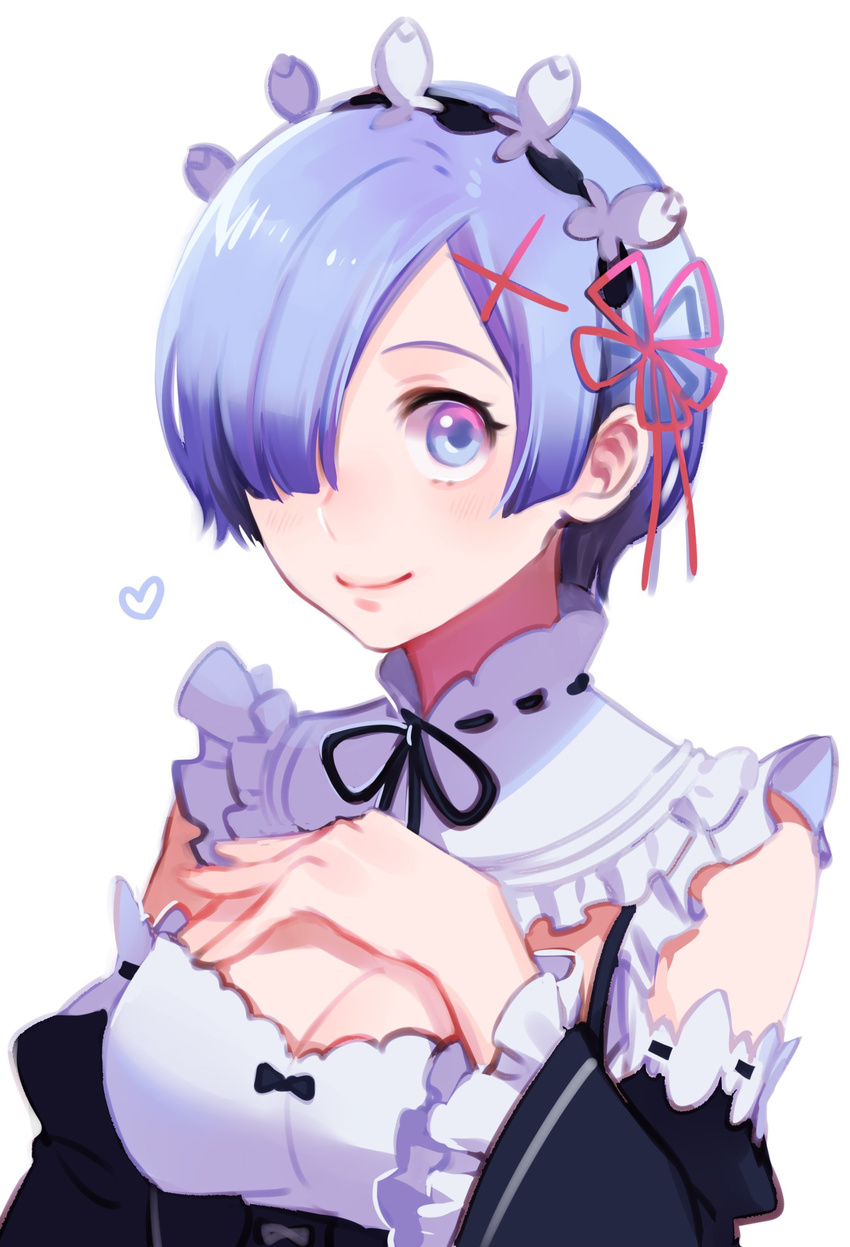 blue_eyes blue_hair bow breasts cleavage detached_sleeves hair_ornament hair_over_one_eye heart highres maid maid_headdress medium_breasts pink_ribbon re:zero_kara_hajimeru_isekai_seikatsu rem_(re:zero) ribbon ribbon-trimmed_sleeves ribbon_trim rin2010 short_hair smile solo underbust upper_body x_hair_ornament