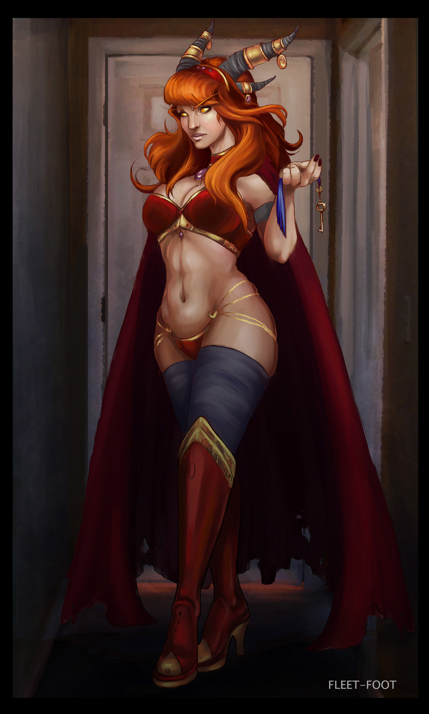 blood_elf boots cape clothing door elf female fleet-foot_(artist) footwear hair horn humanoid invalid_color jewelry key legwear looking_at_viewer not_furry red_hair thigh_highs video_games warcraft