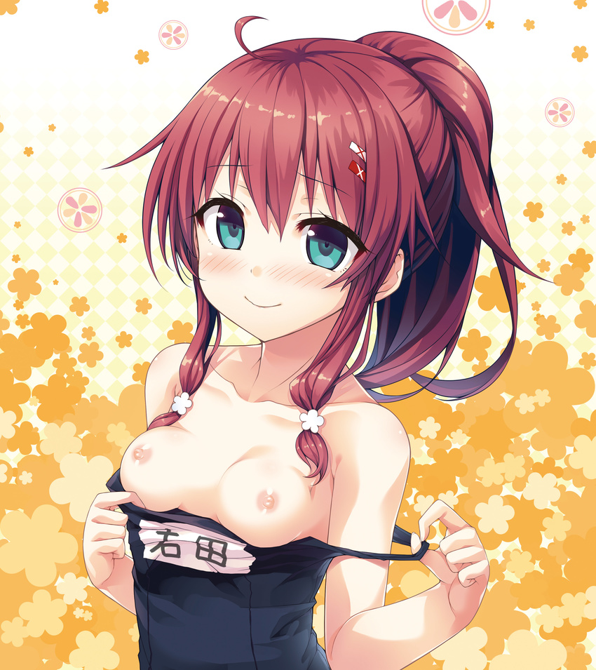 absurdres ahoge aqua_eyes blush breasts brown_hair character_name collarbone cura enty_reward eyebrows_visible_through_hair hair_ornament high_ponytail highres long_hair looking_at_viewer maitetsu migita_hibiki nipples off_shoulder paid_reward school_swimsuit sidelocks small_breasts smile solo standing swimsuit swimsuit_pull upper_body