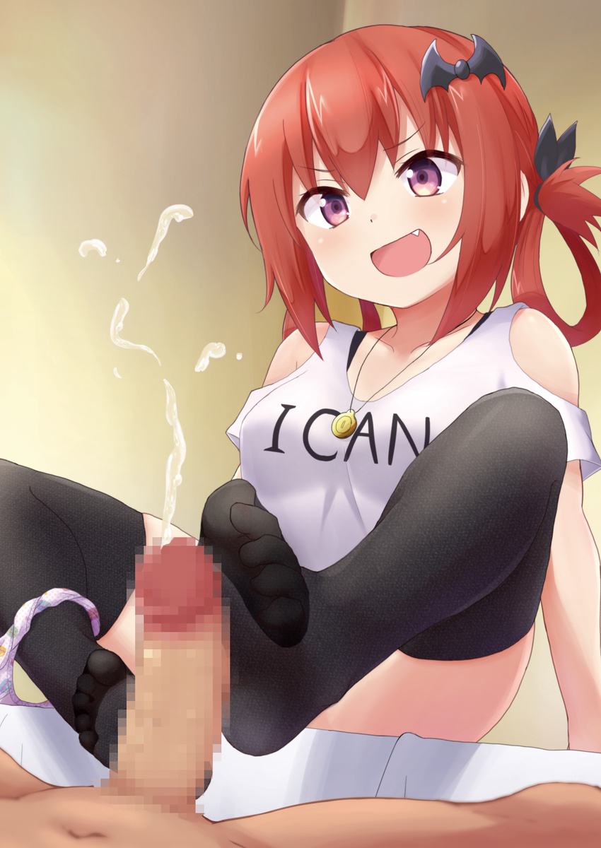 1boy 1girl bat_hair_ornament black_legwear blush censored clothes_writing collarbone cum ejaculation fang feet footjob gabriel_dropout hair_between_eyes hair_ornament hair_rings hetero hirame_guard kurumizawa_satanichia_mcdowell mosaic_censoring open_mouth panties panties_around_leg penis polka_dot polka_dot_panties print_panties purple_eyes red_hair shirt solo_focus thighhighs underwear