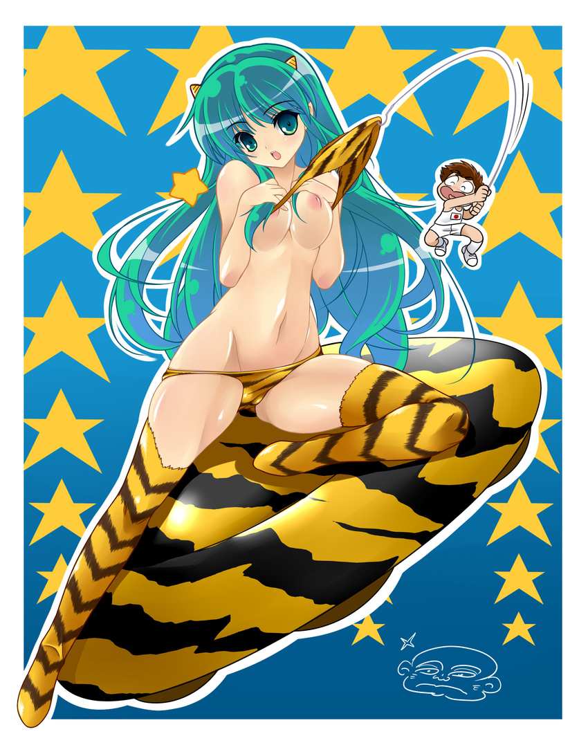 1girl animal_print bikini bikini_pull breasts brown_hair clothes_theft fishing_rod green_eyes green_hair groin highres horns long_hair lum moroboshi_ataru navel nipples sakuranbou shorts small_breasts star swimsuit swimsuit_theft tank_top theft thighhighs tiger_print ufo urusei_yatsura very_long_hair yone_(qtron)