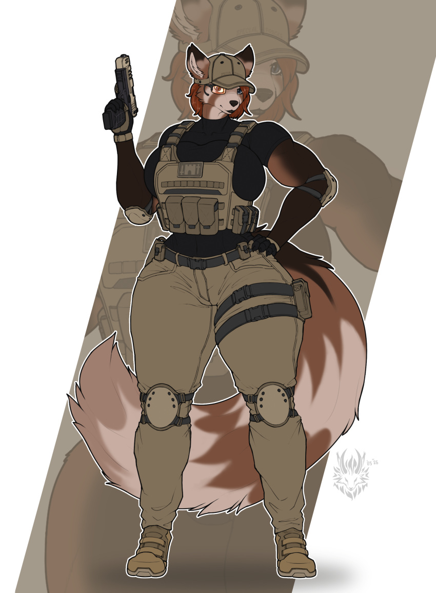 2026 absurd_res ailurid anthro artist_logo belt big_breasts black_clothing black_lips black_nose blue_eyes boots breasts bulletproof_vest clothed clothed_female clothing colored combat_boots dated digital_drawing_(artwork) digital_media_(artwork) elbow_pads electronics english_text eyepiece eyewear female fluffy fluffy_tail footwear glasses gloves gun hand_on_hip handgun handwear hat headgear headphones headset headwear hi_res holding_gun holding_handgun holding_object holding_pistol holding_ranged_weapon holding_weapon huge_breasts inner_ear_fluff knee_pads lips logo looking_at_viewer mammal markings microphone military military_cap military_uniform neck_tuft pistol pouch_(clothing) pouches procyonid ranged_weapon red_panda scouter shoes sleeveless_shirt solo standing striped_markings striped_tail stripes sweater tactical_gear tail tail_markings tan_clothing text thick_thighs thigh_pouch topwear tuft turtleneck uniform vest weapon white_sclera wolfarion