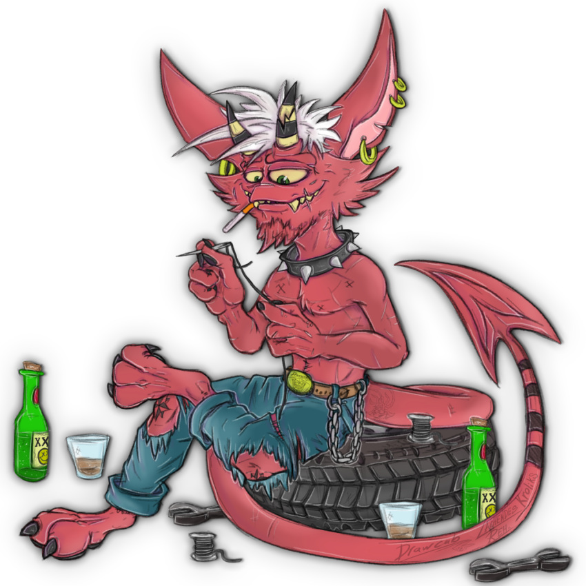 1:1 2026 3_fingers alcohol alpha_channel anthro athletic belt beverage biped bottomwear broken_horn buckle chain chain_accessory chest_tuft cigarette claws clothed clothing collar container cup damaged demon denim denim_bottomwear denim_clothing digital_drawing_(artwork) digital_media_(artwork) drunk ear_piercing facial_hair fangs feet fingers front_view green_eyes hair half_naked hi_res holding_object horn humanoid imp jeans jewelry krolik lachendesreh leather leather_collar legwear long_tail male markings not_furry notched_ear pants pawpads paws pecs piercing plantigrade portrait red_body red_skin scar seam_(sewing) sewing_needle sharp_teeth signature simple_background sitting skinny smile smirk smoking solo spade_tail spiked_collar spikes spool stitch_(sewing) striped_markings striped_tail stripes substance_intoxication surgical_suture tail tail_markings tattoo teeth thread tire toe_claws toes tools topless topless_male torn_bottomwear torn_clothing torn_jeans torn_pants transparent_background tuft wheel white_hair wrench yellow_eyes yellow_sclera