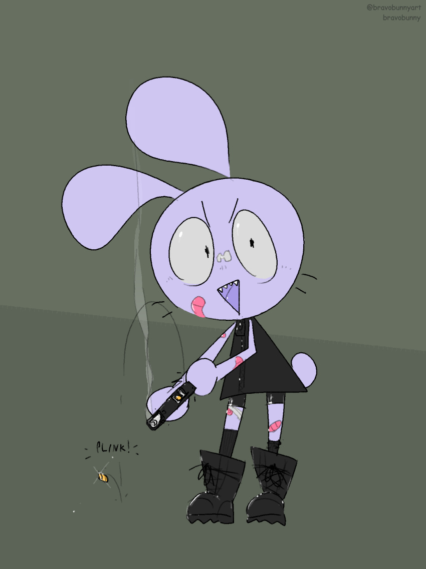 2020 black_boots black_clothing black_dress black_footwear black_socks boots bravobunny clothing dress footwear full-length_portrait grey_sclera gun handgun hi_res holding_gun holding_handgun holding_object holding_pistol holding_ranged_weapon holding_weapon lagomorph leporid mammal open_mouth open_smile pilot pistol portrait purple_body purple_tail purple_tongue rabbit ranged_weapon shoes smile socks tail tongue weapon