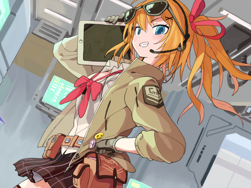 1girl american_dog_wo badge bangs black_skirt blue_eyes bow button_badge dutch_angle eyewear_on_head girls_frontline gloves grin hair_between_eyes hair_ornament hair_ribbon highres holding ipad jacket kalina_(girls_frontline) long_hair looking_at_viewer microphone miniskirt one_side_up open_clothes open_jacket orange_hair peace_symbol pink_bow pink_ribbon pouch ribbon shirt skirt sleeves_past_elbows smile smiley_face solo sunglasses tablet_pc teeth white_shirt x_hair_ornament