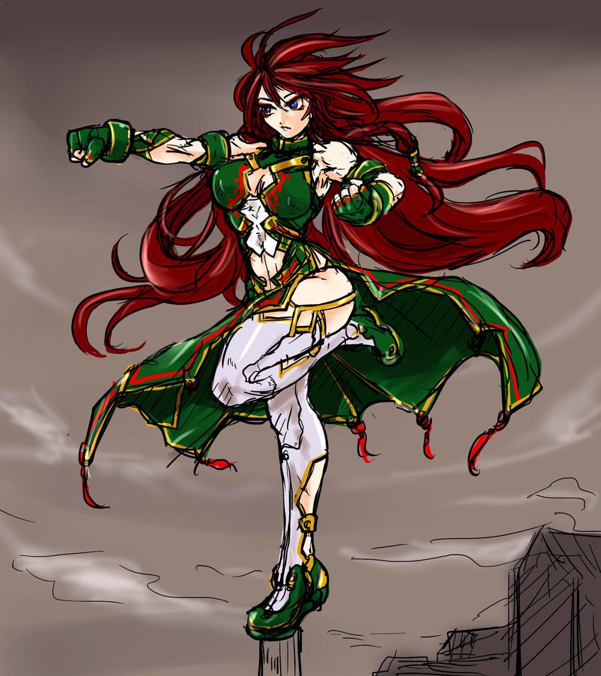 alternate_costume arm_strap bangs blue_eyes breasts cleavage clenched_hands cloud commentary_request dress eyeshadow fingerless_gloves garter_straps gloves green_dress green_footwear green_gloves grey_sky hair_between_eyes hair_tubes highres hips hong_meiling ledjoker07 leg_up long_hair looking_afar makeup mascara medium_breasts muscle muscular_female punching red_hair revealing_clothes shoes side_slit sketch solo standing standing_on_one_leg stomach thighhighs thighs touhou training very_long_hair white_legwear wind