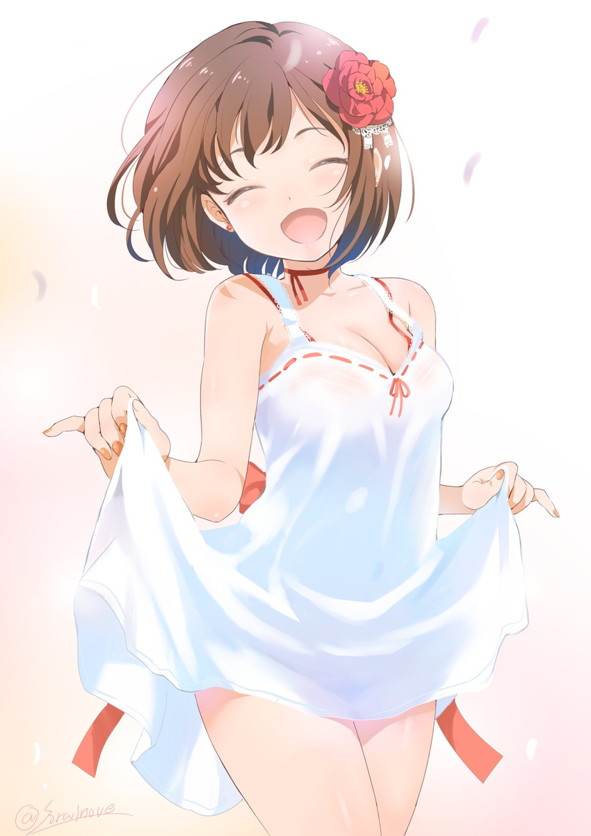 :d ^_^ bare_shoulders blush bra breasts brown_hair cleavage closed_eyes collarbone cowboy_shot dress earrings facing_viewer fang flower hair_flower hair_ornament head_tilt highres idolmaster idolmaster_cinderella_girls inoue_sora jewelry maekawa_miku medium_breasts open_mouth red_bra red_ribbon revision ribbon ribbon_trim see-through short_dress short_hair skirt_hold sleeveless sleeveless_dress smile solo spaghetti_strap thighs twitter_username underwear white_dress