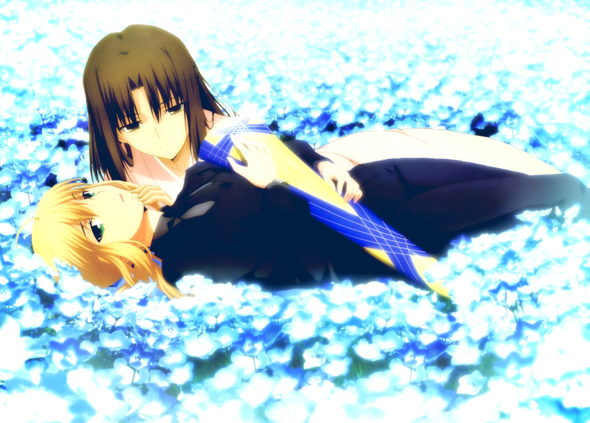 ahoge artoria_pendragon_(all) black_eyes black_jacket black_neckwear black_pants black_shirt blonde_hair brown_hair collarbone crossover fate/zero fate_(series) field flower flower_field formal from_side green_eyes jacket japanese_clothes kara_no_kyoukai kimono long_hair looking_at_viewer lying multiple_girls nashi_nashi necktie nemophila_(flower) on_back on_side outdoors pants parted_lips ryougi_shiki saber scabbard sheath shirt sidelocks type-moon uniform white_flower white_kimono yukata