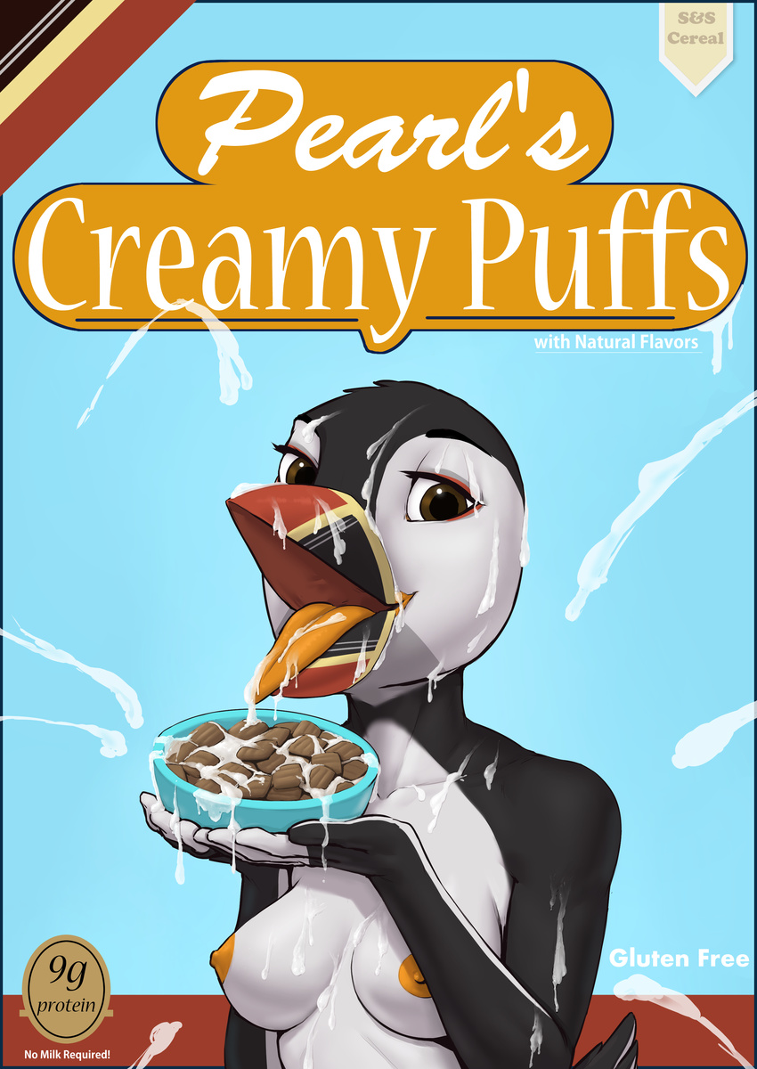 2017 anthro avian beak bird bowl breasts bukkake cereal cum cum_in_mouth cum_inside cum_on_face digital_media_(artwork) drinking drinking_cum english_text excessive_cum female food gewitter looking_at_viewer nipples nude open_mouth pearl_(boolean) puffin simple_background smile solo spoon text tongue tongue_out