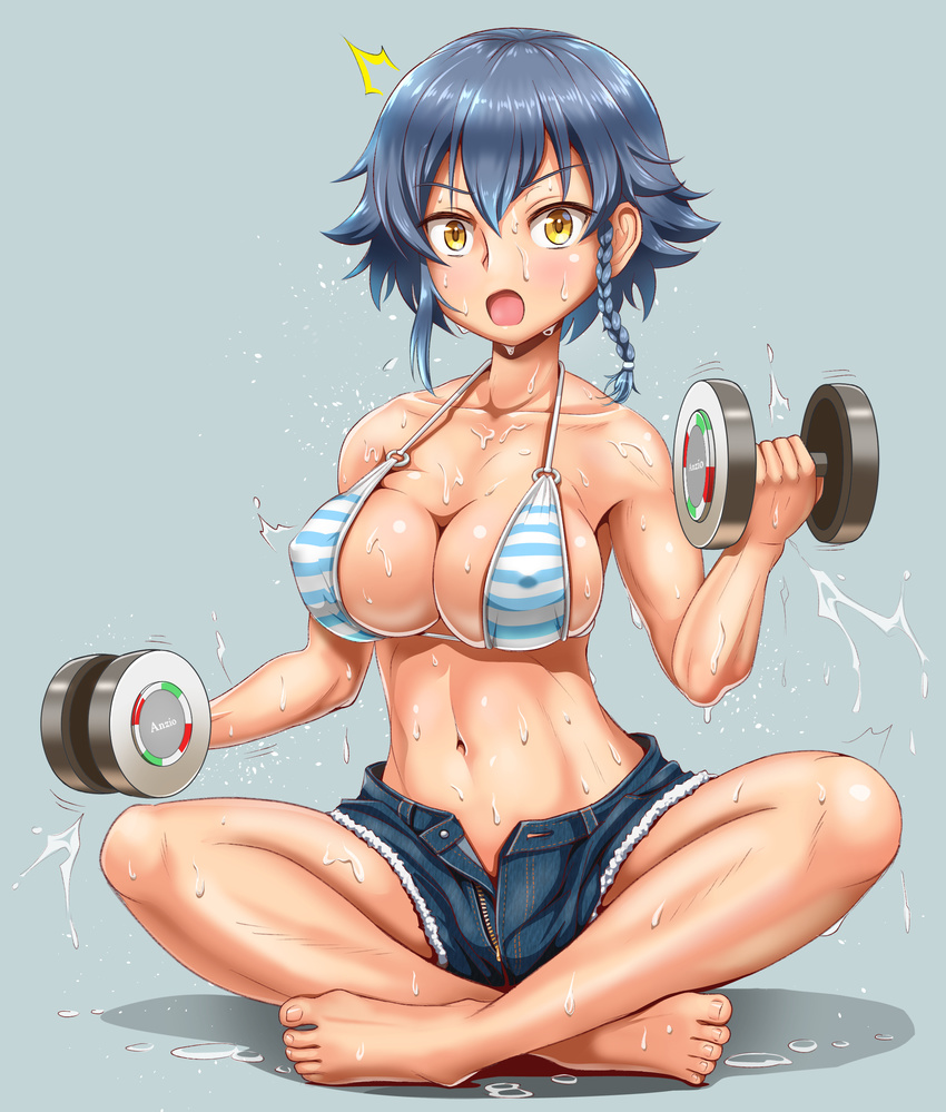 absurdres barefoot bikini_top blue_hair blush braid cutoffs denim denim_shorts dumbbell exercise girls_und_panzer highres navel open_mouth pepperoni_(girls_und_panzer) sekai_saisoku_no_panda short_hair short_shorts shorts solo sweat weights