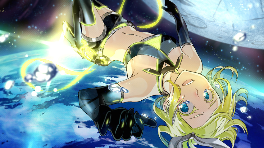 :d black_footwear black_gloves black_shorts blonde_hair blue_eyes boots breasts crop_top elbow_gloves floating_hair gloves kagamine_rin looking_at_viewer midriff navel no.734 open_mouth short_hair short_shorts shorts sideboob sleeveless small_breasts smile solo space stomach tears thigh_boots thighhighs vocaloid