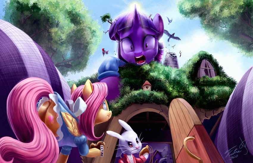 2015 angel_(mlp) blue_eyes building collaboration equine feathered_wings feathers female feral fluttershy_(mlp) friendship_is_magic fur goattrain group hair horn house macro mammal multicolored_hair my_little_pony pegasus pink_hair pocket_watch purple_eyes purple_fur purple_hair tree tsitra360 twilight_sparkle_(mlp) two_tone_hair unicorn watch wings yellow_feathers