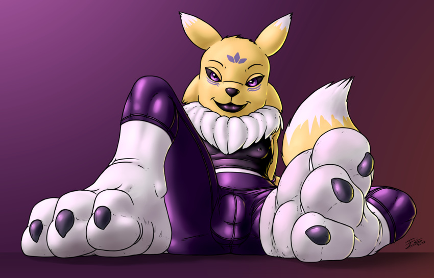 3_toes black_nose black_sclera bulge digimon dipstick_ears dipstick_tail evil-sprite feet foot_fetish foot_focus fur gradient_background lipstick makeup male markings multicolored_tail purple_eyes purple_pants purple_shirt simple_background solo taomon toes video_games yellow_fur