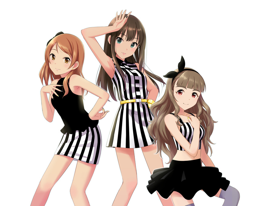 arm_up armpits belt black_bow black_hairband black_nails black_ribbon black_shirt black_skirt bow bracelet breasts brown_eyes brown_hair cleavage collarbone crop_top dress earrings green_eyes grey_legwear hair_bow hair_ribbon hairband hand_on_hip highres houjou_karen idolmaster idolmaster_cinderella_girls jewelry kamiya_nao layered_skirt long_hair looking_at_viewer medium_breasts midriff miniskirt multiple_girls nail_polish navel nidoro ribbon shibuya_rin shirt short_dress simple_background skirt sleeveless sleeveless_dress smile standing stomach striped striped_shirt thighhighs triad_primus vertical-striped_dress vertical-striped_shirt vertical-striped_skirt vertical_stripes very_long_hair white_background