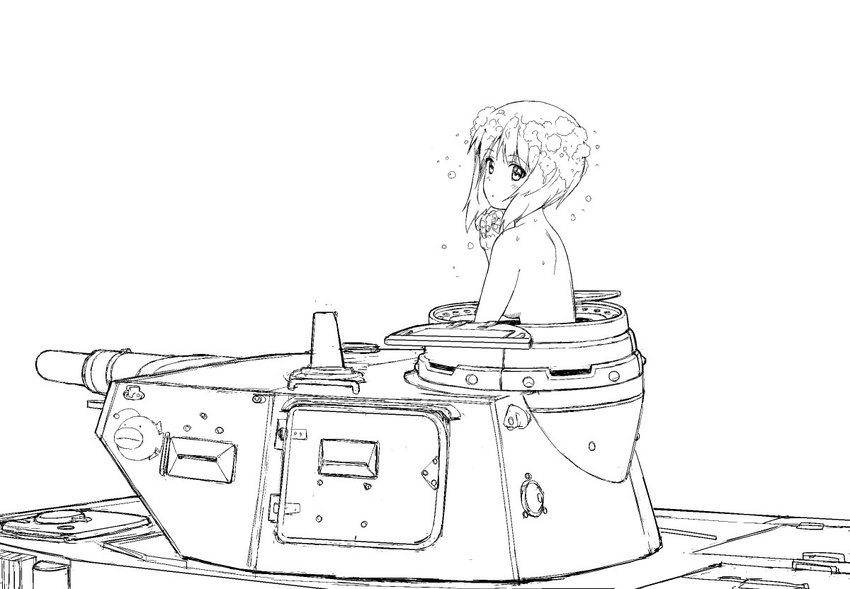 a1 blush breasts closed_mouth commentary_request eyebrows_visible_through_hair foam from_side girls_und_panzer greyscale ground_vehicle looking_away medium_breasts military military_vehicle monochrome motor_vehicle nishizumi_miho panzerkampfwagen_iv sketch solo tank topless