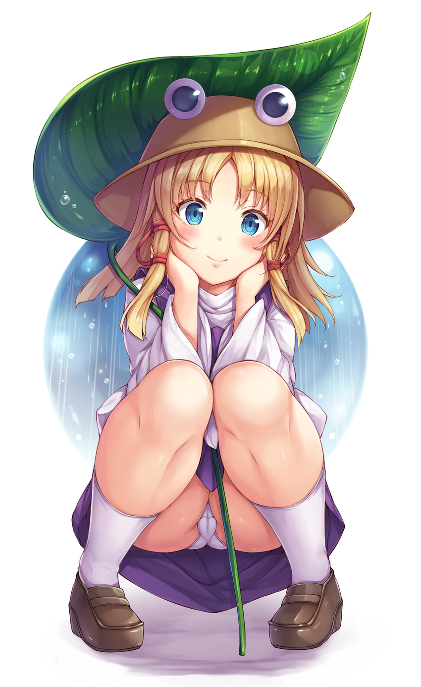 absurdres blonde_hair blue_eyes blush cameltoe hat highres leaf_umbrella loafers long_sleeves looking_at_viewer moriya_suwako panties pantyshot pantyshot_(squatting) shoes short_hair skirt smile snowcanvas solo squatting touhou underwear white_legwear wide_sleeves