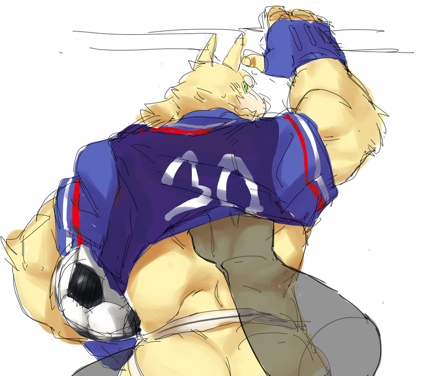 anthro butt canine clothing colored dubudubudubudub jockstrap looking_at_viewer male male/male mammal muscular simple_background soccer solo sport underwear white_background