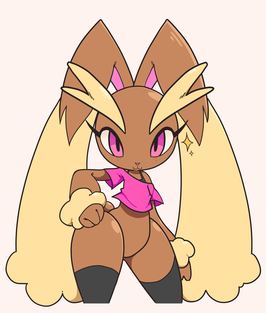 :3 bottomless clothed clothing eyelashes female freckles gro-ggy hand_on_hip legwear lopunny nintendo off_shoulder pink_eyes pok&eacute;mon simple_background smile solo stockings video_games white_background wide_hips