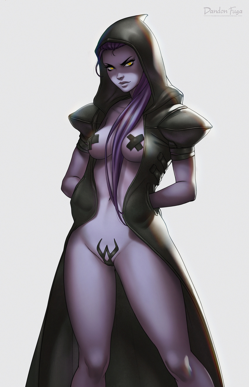 absurdres artist_name ass_visible_through_thighs breasts c-string closed_mouth coat collarbone cosplay covered_nipples cowboy_shot dandon_fuga eyeliner eyeshadow grey_background groin hair_between_breasts hair_over_shoulder hands_in_pockets highres hood hooded_jacket jacket legs_apart long_coat long_hair looking_at_viewer maebari makeup medium_breasts navel nose open_clothes open_coat open_jacket overwatch pasties ponytail purple_hair purple_lips purple_skin reaper_(overwatch) reaper_(overwatch)_(cosplay) simple_background smile solo standing stomach trench_coat watermark web_address widowmaker_(overwatch) yellow_eyes