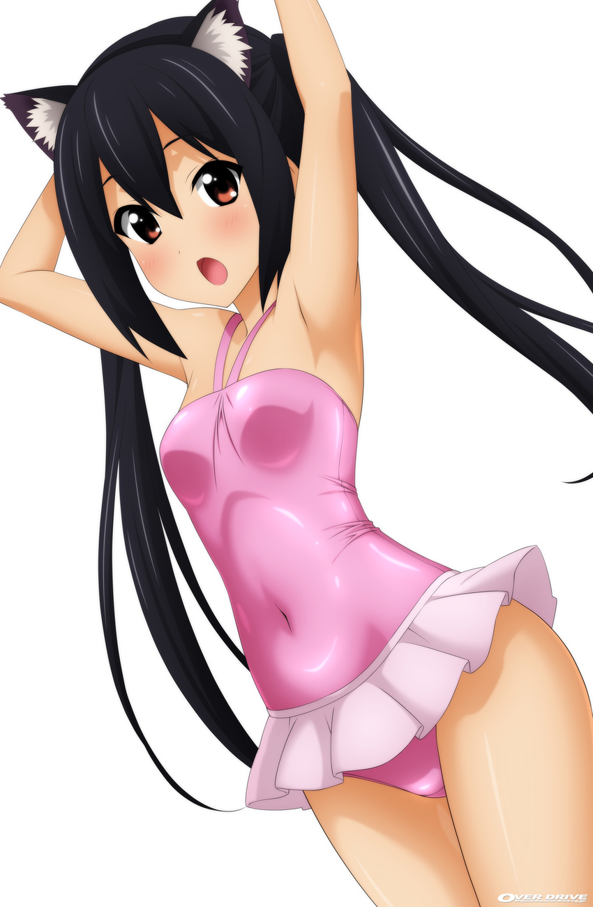 absurdres armpits arms_behind_head black_hair blush breasts brown_eyes casual_one-piece_swimsuit collarbone covered_navel cowboy_shot highres k-on! long_hair looking_at_viewer nakano_azusa navel one-piece_swimsuit open_mouth pink_swimsuit pose shiny shiny_clothes simple_background small_breasts solo stomach sugimura_tomokazu swimsuit twintails white_background