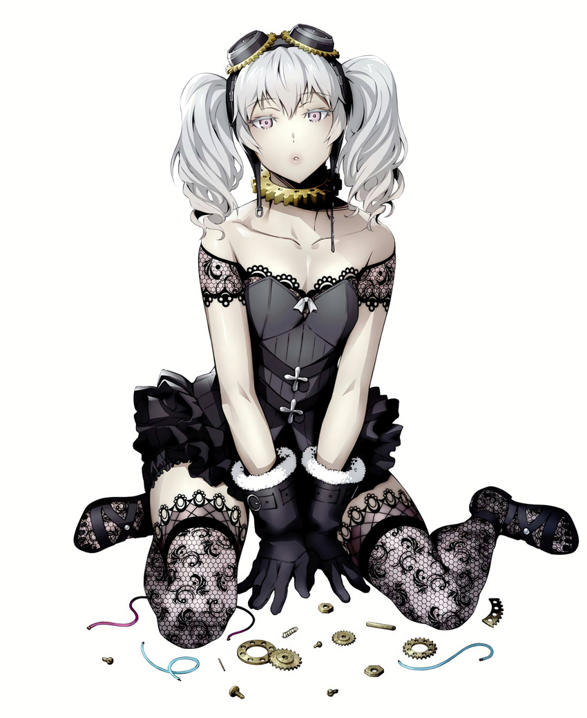 black_dress black_gloves black_legwear bolt breasts cleavage dress frilled_skirt frills full_body gears gloves goggles goggles_on_head gothic_lolita highres lace lace-trimmed_thighhighs lavender_eyes lolita_fashion long_hair looking_at_viewer nine_(super_robot_wars) official_art parted_lips screw simple_background sitting skirt small_breasts solo super_robot_wars super_robot_wars_v thighhighs twintails wariza watanabe_wataru white_background white_hair wire
