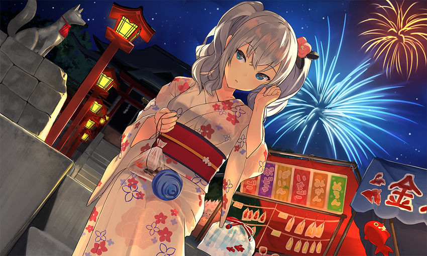 architecture blue_eyes breasts contemporary dutch_angle east_asian_architecture fireworks floral_print grey_kimono hair_ornament inari japanese_clothes kantai_collection kashima_(kantai_collection) kimono large_breasts long_hair looking_at_viewer nanotaro night night_sky outdoors shrine sidelocks silver_hair sitting sky solo stairs star_(sky) starry_sky tsurime twintails wavy_hair wide_sleeves