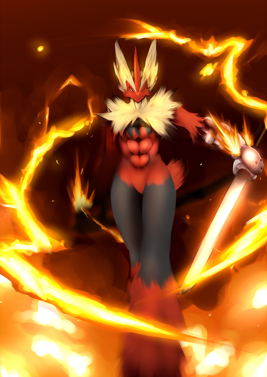 abs agitype01 anthro armor avian bird blue_eyes fire fur hair hi_res holding_object holding_weapon looking_at_viewer male mega_blaziken mega_evolution melee_weapon nintendo one_eye_closed pecs pok&eacute;mon smile solo sword video_games weapon wink