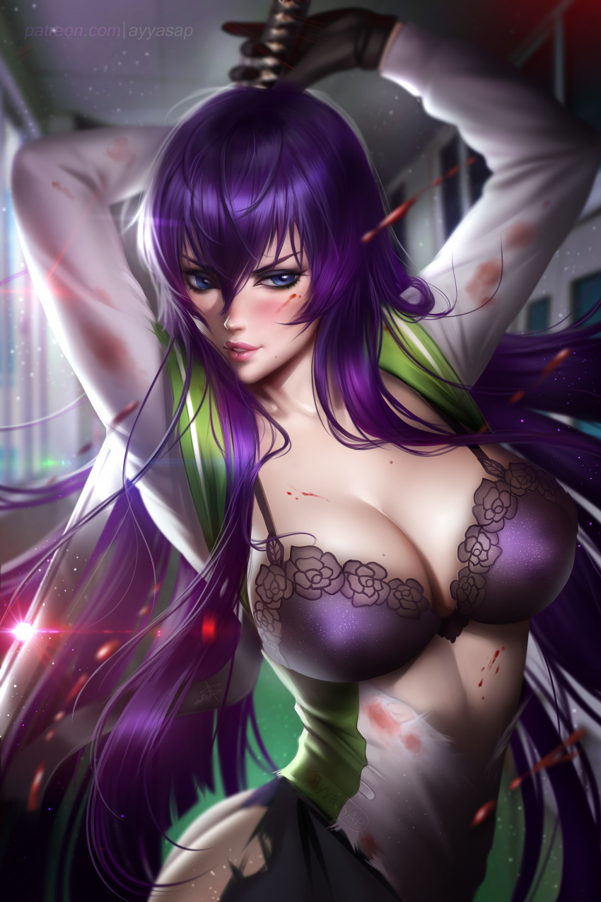 1girl absurdres ass ayya_saparniyazova bangs blood blood_splatter blue_eyes bokken bra breasts busujima_saeko cleavage highres highschool_of_the_dead huge_breasts katana large_breasts lingerie long_hair looking_at_viewer navel open_clothes open_shirt panties pinup purple_bra purple_hair school_uniform shirt simple_background smile solo speedpaint sword torn_clothes torn_shirt underwear weapon wooden_sword zombie