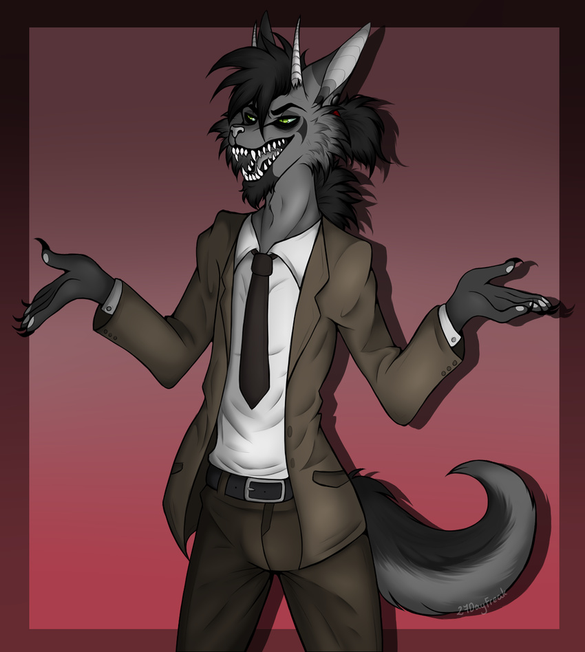 anthro british callmedaddy canine clothed clothing digital_media_(artwork) ear_piercing feline fur hair hybrid male mammal piercing ponytail sassy simple_background standing suit teeth zird