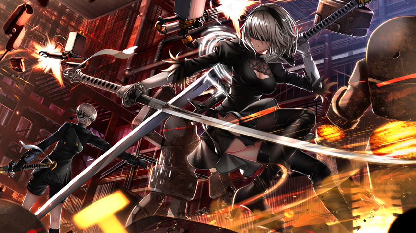 1girl battle black_legwear blindfold breasts cleavage commentary_request dress grey_hair highres katana long_sleeves medium_breasts nier_(series) nier_automata pod_(nier_automata) short_hair shorts sword swordsouls thighhighs weapon yorha_no._2_type_b yorha_no._9_type_s