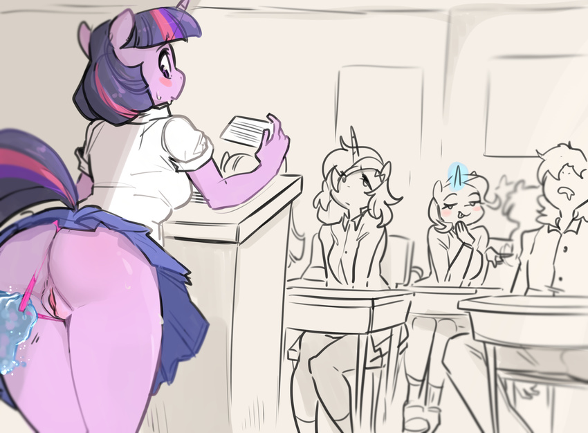 anthro bent_over blush breasts butt classroom clothed clothing desk earth_pony equine footwear friendship_is_magic glacierclear hair horn horse legwear looking_back magic mammal my_little_pony panties panties_aside pony purple_hair pussy school shirt shoes sitting skirt socks standing sweat trixie_(mlp) twilight_sparkle_(mlp) underwear underwear_aside unicorn