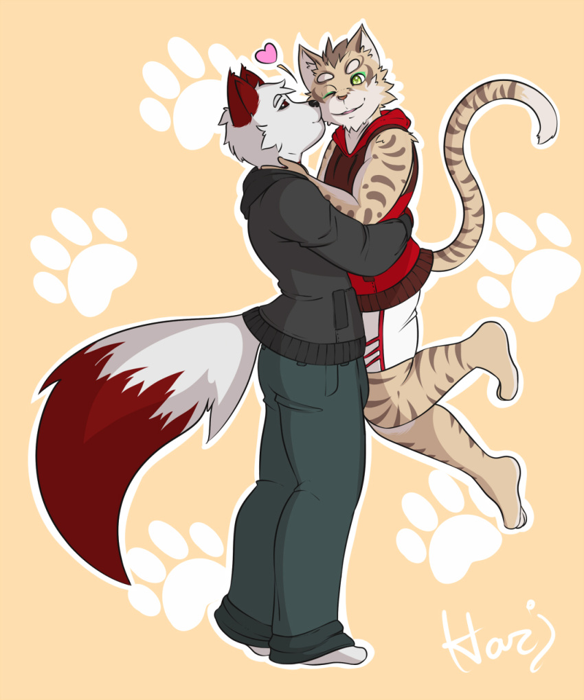 anthro blush canine cat cheek clothed clothing difference digital_media_(artwork) dog duo fan_character feline fur hazeeal hoodie kissing male mammal nekojishi on shu-chi simple_background size smile white_fur